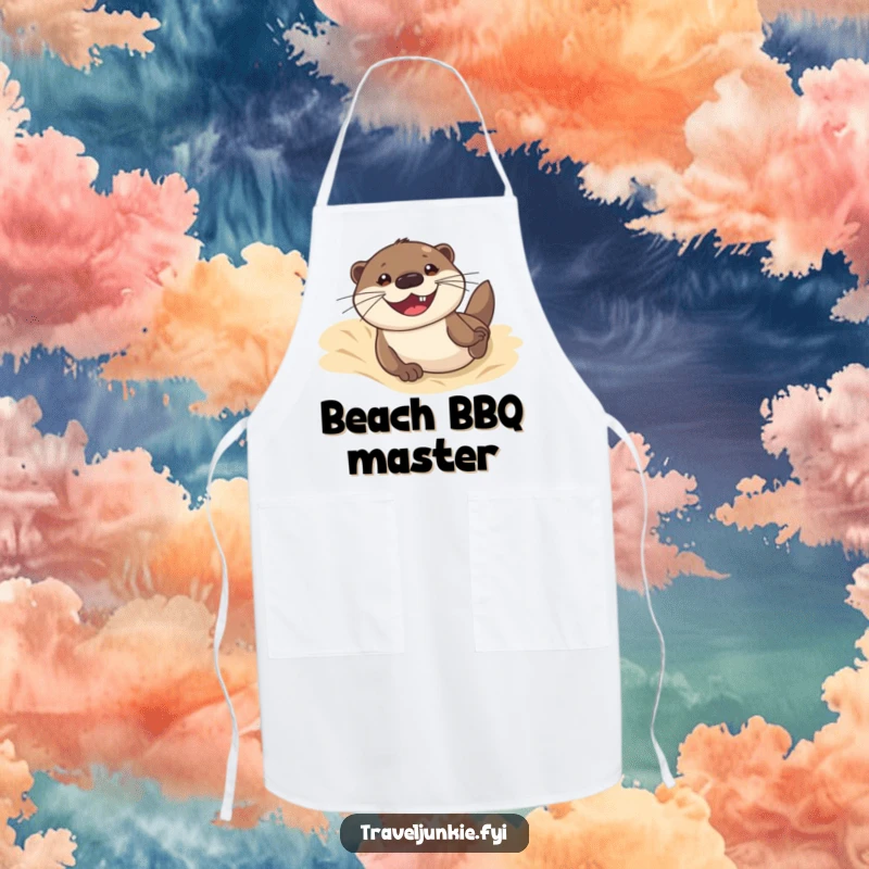 Funny apron featuring an otter sliding down a sand dune, designed for kitchen use to add beach humor and a playful theme.