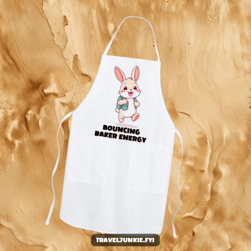 Funny bunny character ready for adventure with a backpack and grin on a practical and humorous apron.