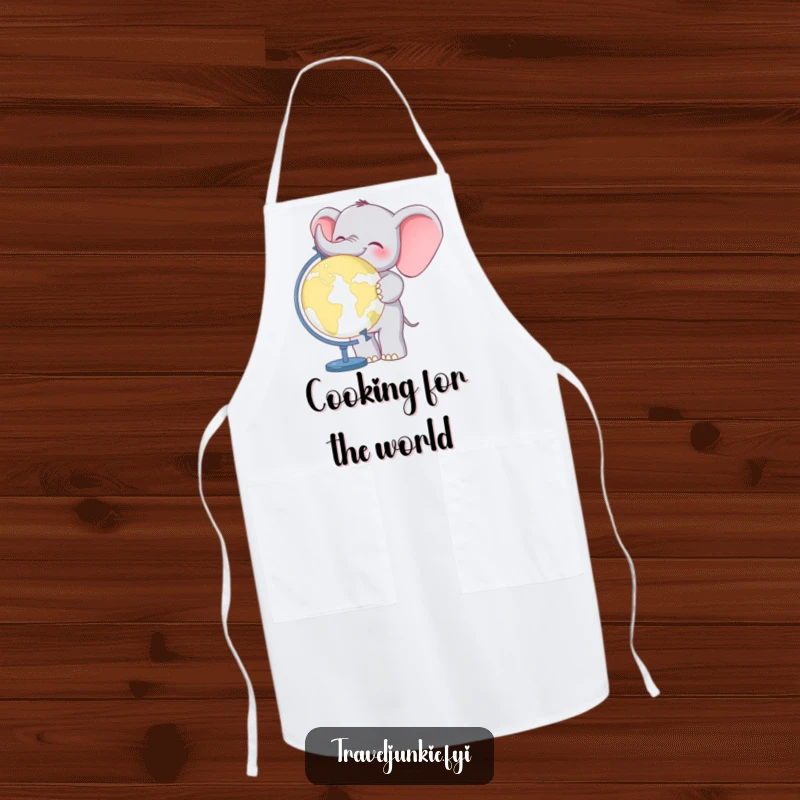 Funny Elephant World Traveler Apron: A cheerful elephant with a globe, ready to assist in culinary journeys, a funny kitchen essential.