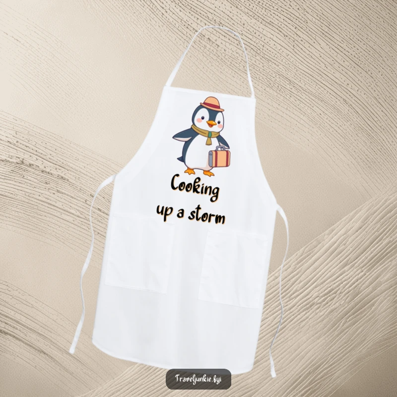 Funny penguin tourist apron, holding a tiny suitcase while cooking, durable and practical, adds travel charm.