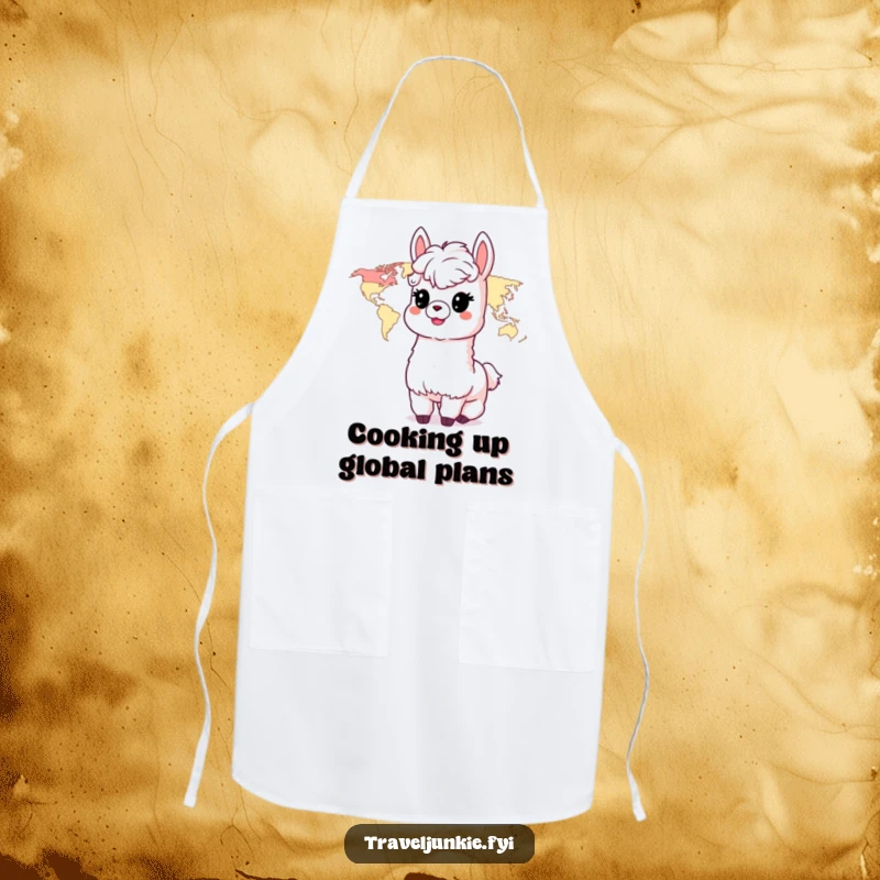 Funny Alpaca Apron: A delighted alpaca character is ready for kitchen adventures, featuring a world map.