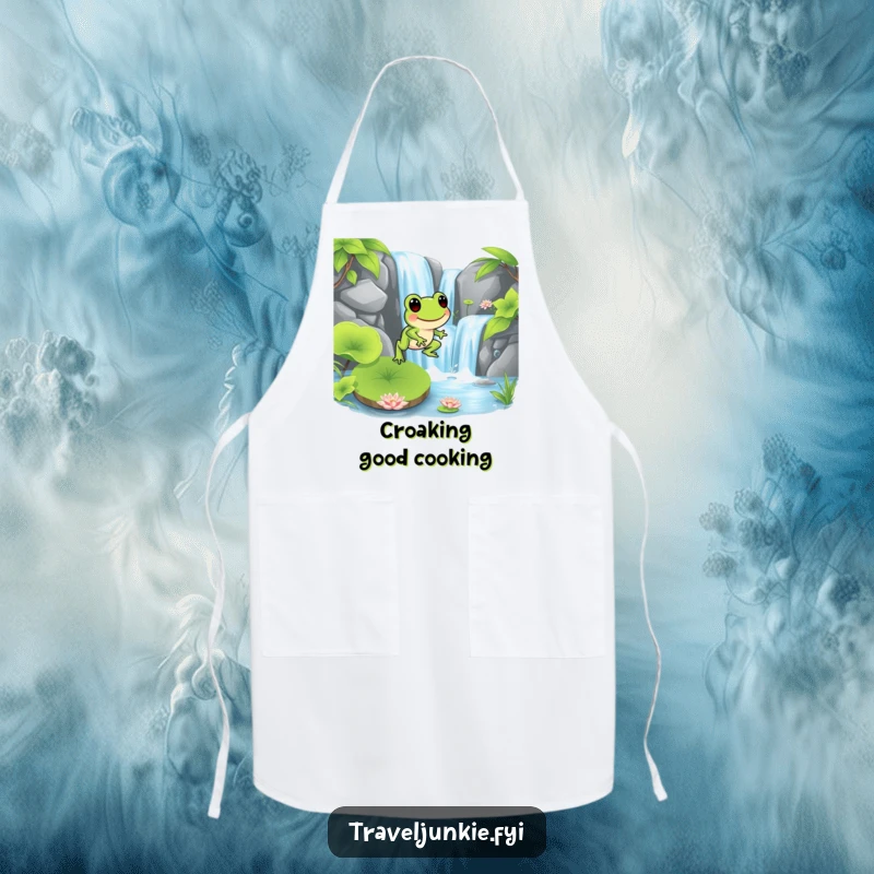 Funny frog character hopping onto a lily pad near a waterfall, ready for kitchen adventures, a funny gift apron.
