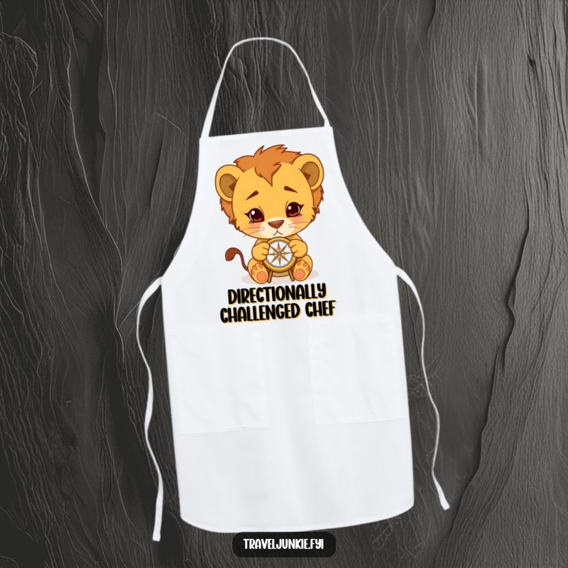 Funny Lion Cub Apron: Chef cub with a compass, ready for kitchen adventures, a humorous and practical funny gift.