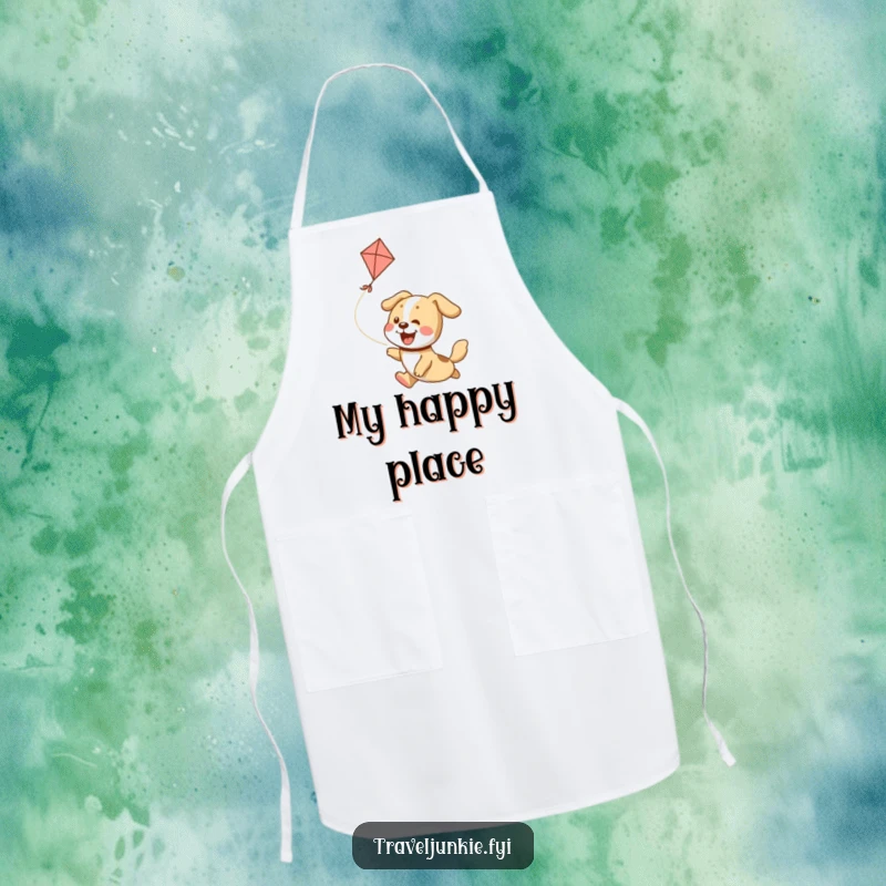 Funny Apron: A happy dog in mid-air, joyfully chasing a kite, adding fun to kitchen tasks.