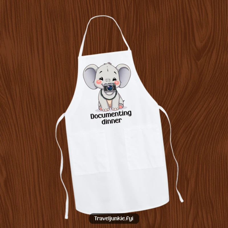 Funny elephant with a camera, posing for a photo, ready for kitchen adventures, humorous apron gift.
