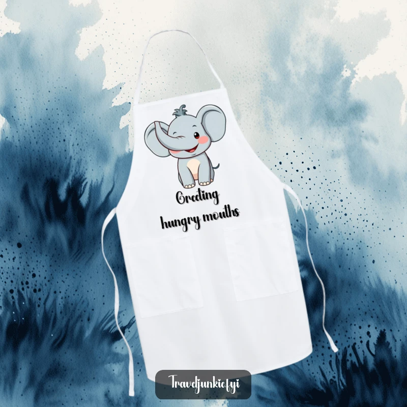Funny Elephant Apron: A functional apron showcasing a smiling elephant character with its trunk raised in a happy, friendly greeting.