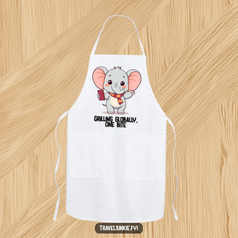 Funny elephant apron, kitchen wear with an excited traveler waving goodbye holding passport, a humorous and practical gift.