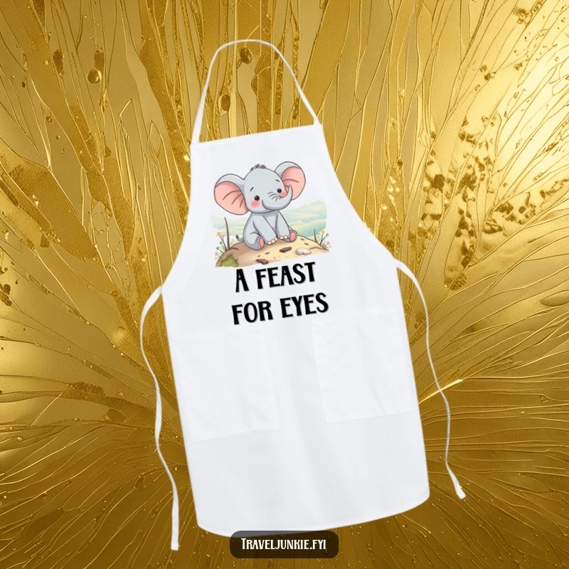 Funny elephant character enjoying a scenic view from a hilltop, ready for kitchen peace, a funny gift apron.