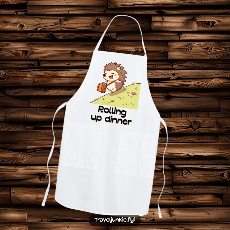 Funny hedgehog character rolling down a hill with a suitcase, featured on a kitchen apron, perfect for culinary fun.