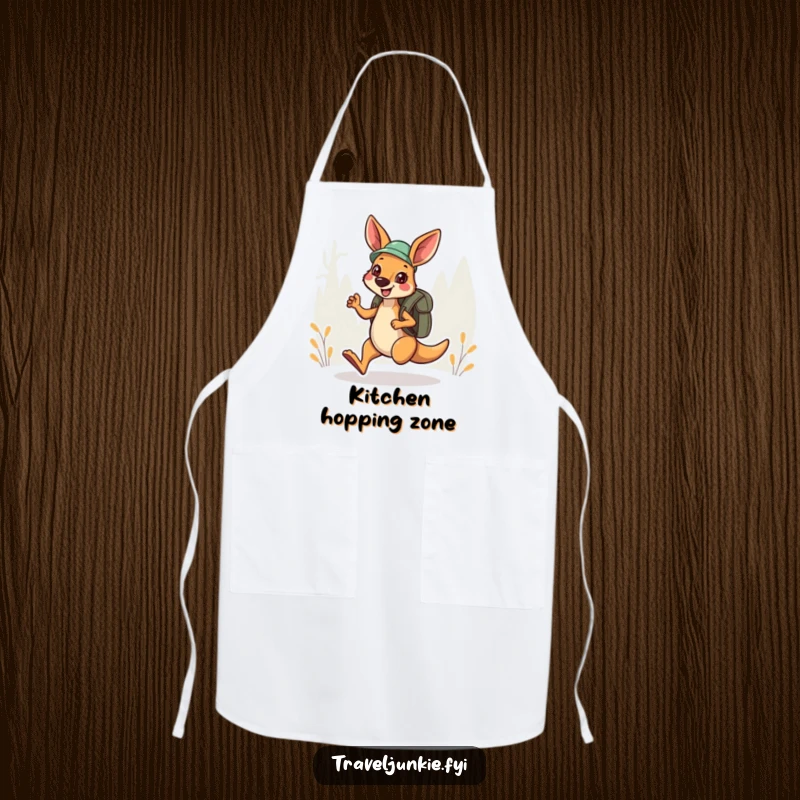 Funny Apron: A cheerful kangaroo explorer hops with a backpack, ready for funny kitchen tasks.