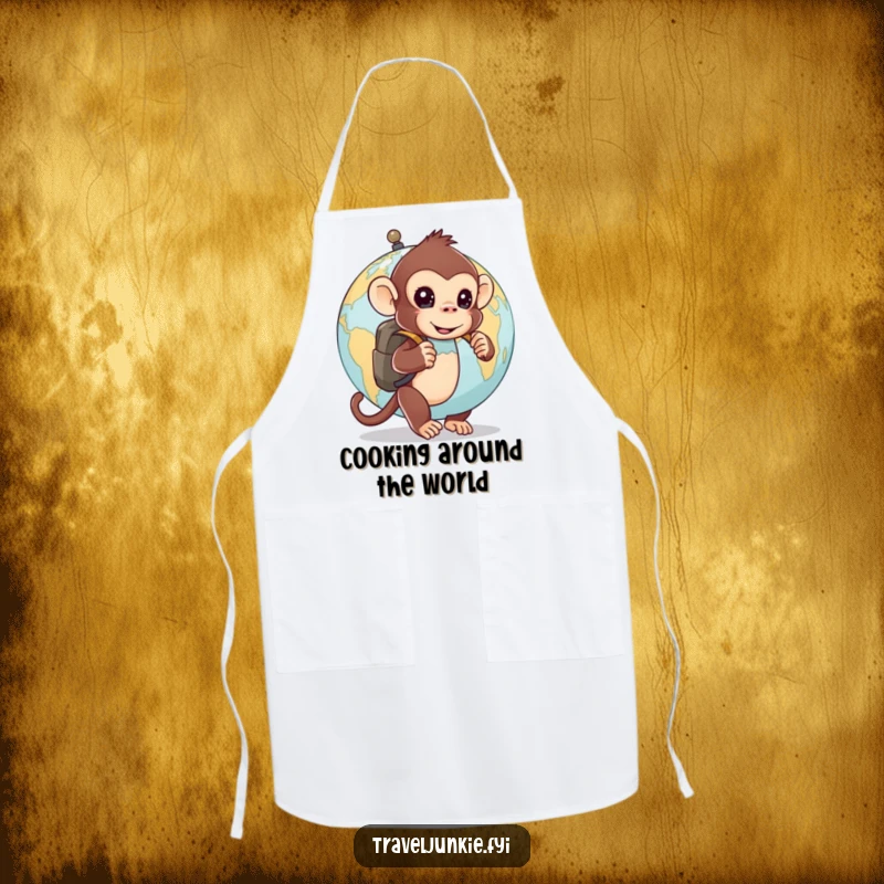 Funny apron: a curious monkey with a backpack peeks from behind a globe, adding humorous curiosity to cooking tasks.