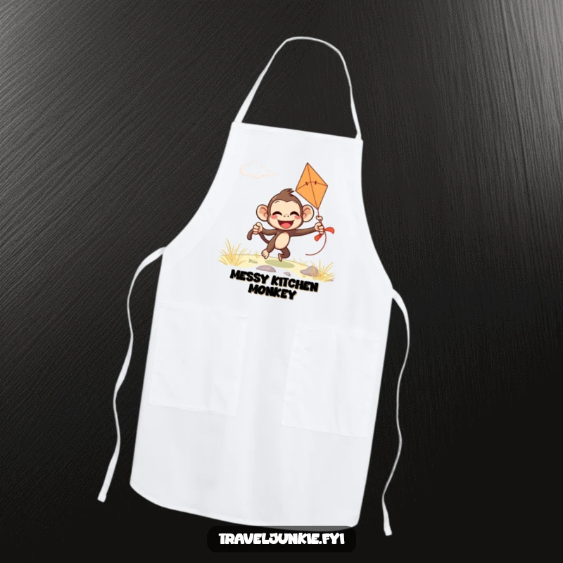 Funny monkey apron with a giggling character comically attempting to fly a kite on a windy day, adding humor to cooking.