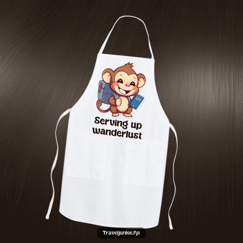 Funny monkey wearing a backpack and holding a passport, grinning, ready for kitchen adventures on an apron.