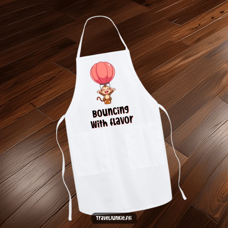 Funny apron showcasing an ecstatic monkey character bouncing on a hot air balloon, adding humor to cooking tasks.