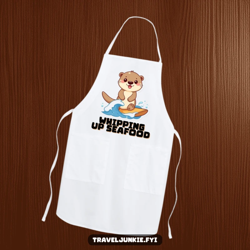 Funny Otter Apron: A smiling otter enthusiastically rides a small wave, ready for kitchen adventures.