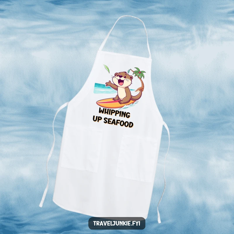 Funny Otter Apron: An excited otter rides a surfboard towards a tropical shore, protecting clothes with beachy humor.