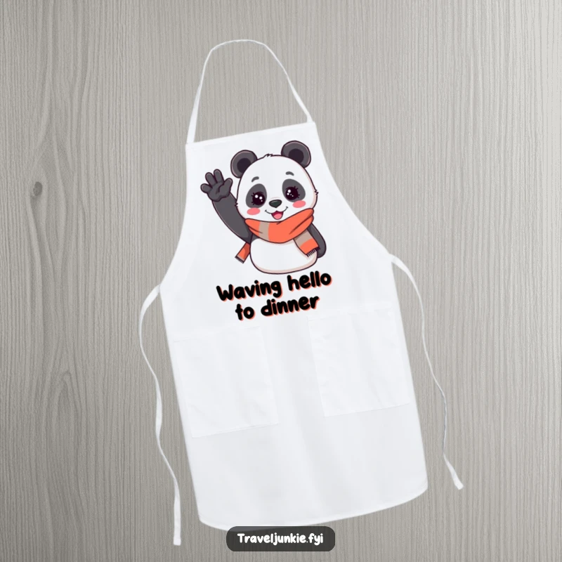 Funny apron: a cheerful panda wearing a travel scarf enthusiastically waves hello, adding friendly and humorous touches to cooking.