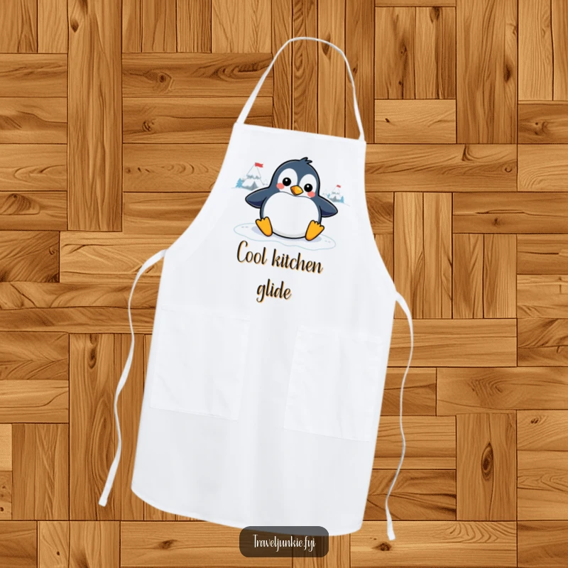 Funny penguin apron showing a playful character sliding on an icy graphic, ideal for kitchen tasks with a humorous winter theme.