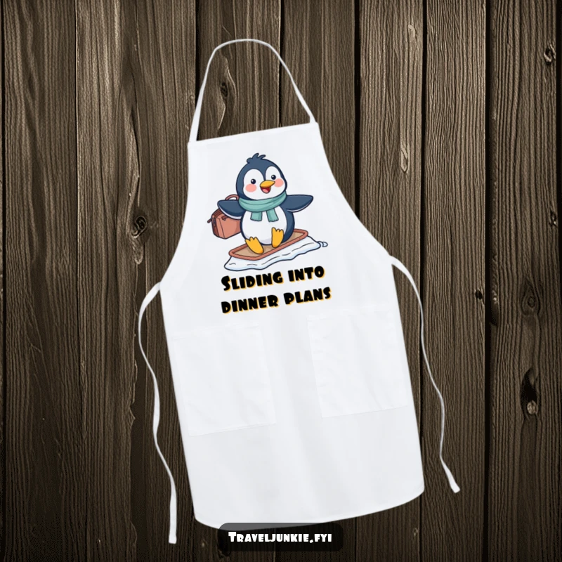 Funny penguin character sliding with a travel bag, ready for a kitchen adventure, making it a funny gift apron.