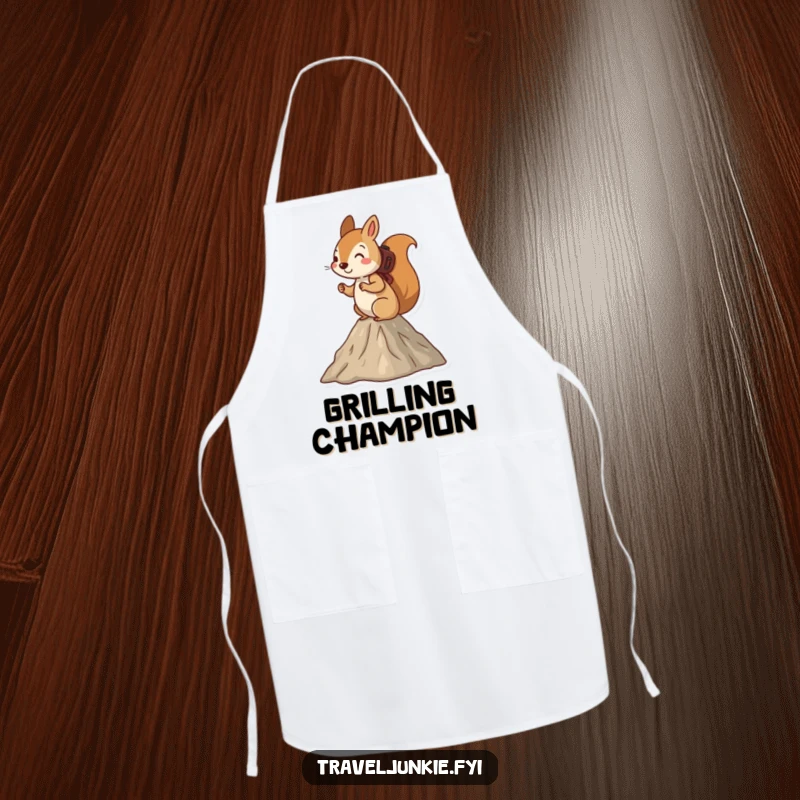 Funny squirrel apron, wearing a chef hat and hiking up a small mountain, ready for culinary adventures.