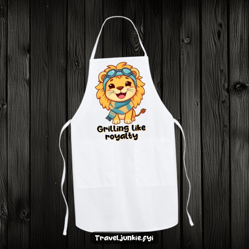 Funny Lion Travel Apron: A practical apron showcasing a happy, smiling lion wearing a travel scarf, great for kitchen adventurers.
