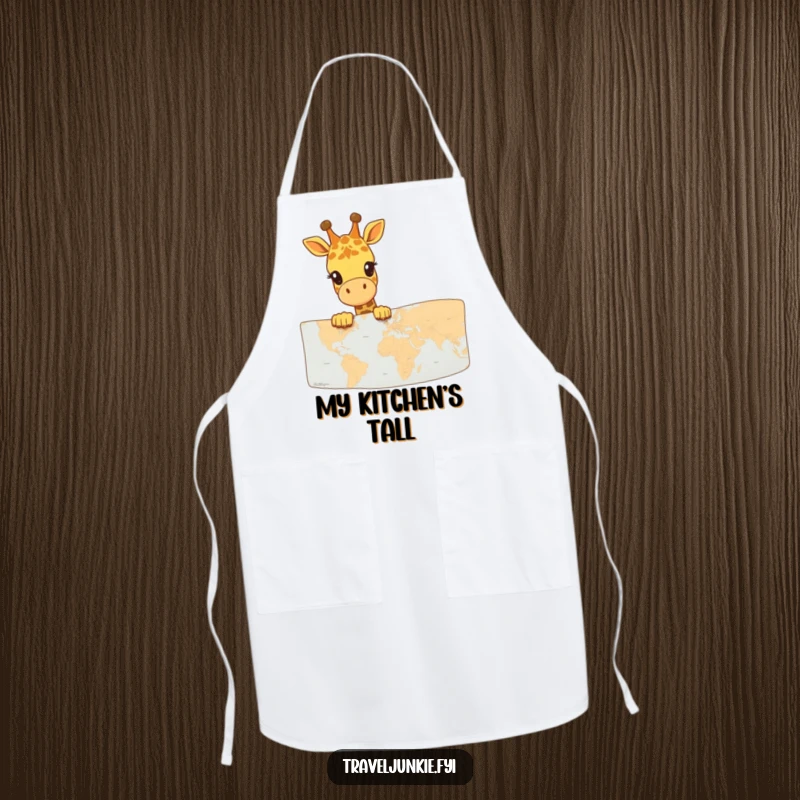 Funny Giraffe Map Explorer Apron: A happy giraffe peeking over a map, ready to guide your culinary journey, a funny kitchen essential.