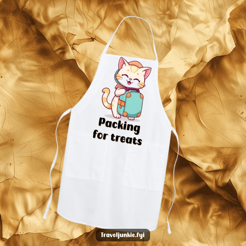 Funny chef apron with a playful cat character eagerly packing a travel bag, perfect for the kitchen.