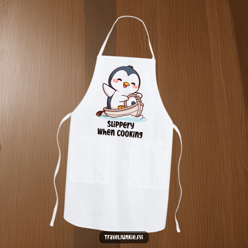 Funny chef apron with a happy penguin character comically attempting to steer a tiny boat, perfect for cooking.