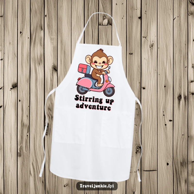 Funny beaming monkey riding a suitcase like a scooter on a kitchen apron, blending humor and utility.