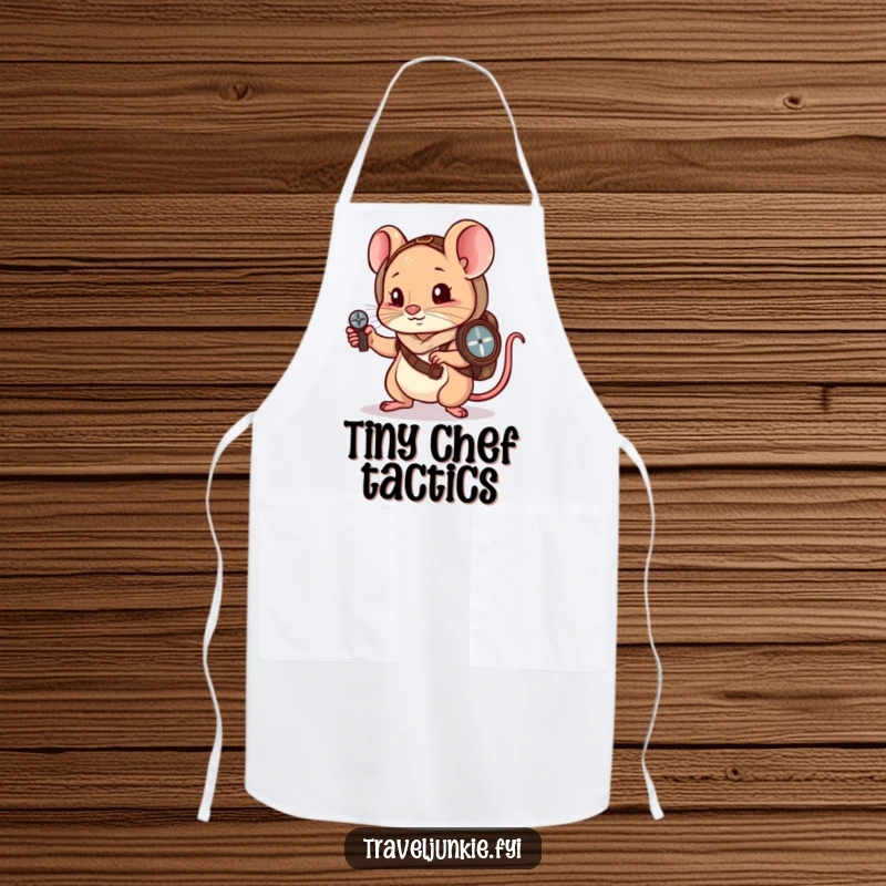 Funny Apron: A little mouse wanderer navigates with a compass, ready for funny cooking challenges.