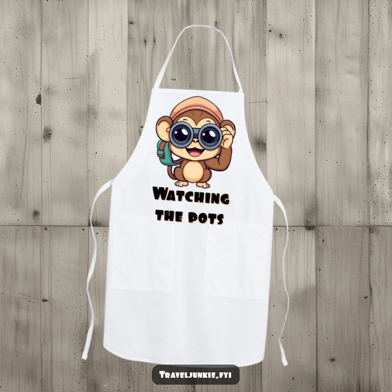 Funny Monkey Traveler Apron: A curious monkey adventurer wearing an apron, ready to cook, making a funny gift.
