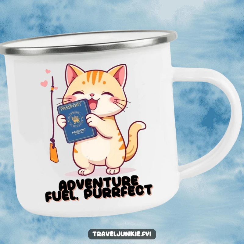 Funny cat camping mug, shown playfully batting a passport tag, ready for outdoor adventures and travel inspiration.