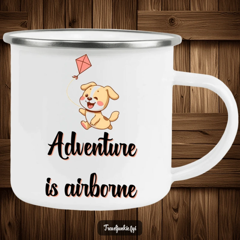 Funny Camping Mug: A joyful dog energetically chases a kite, designed for outdoor fun and laughter.