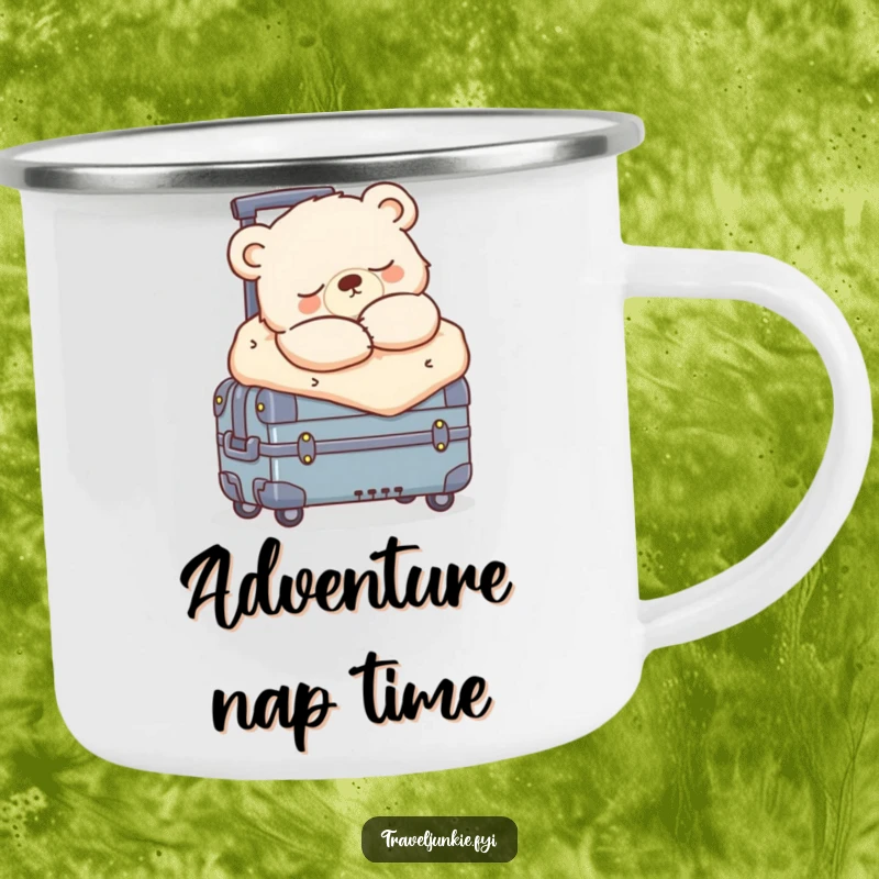 Funny sleepy bear cub snoozing, bundled on a rolling suitcase, a durable and humorous camping mug.