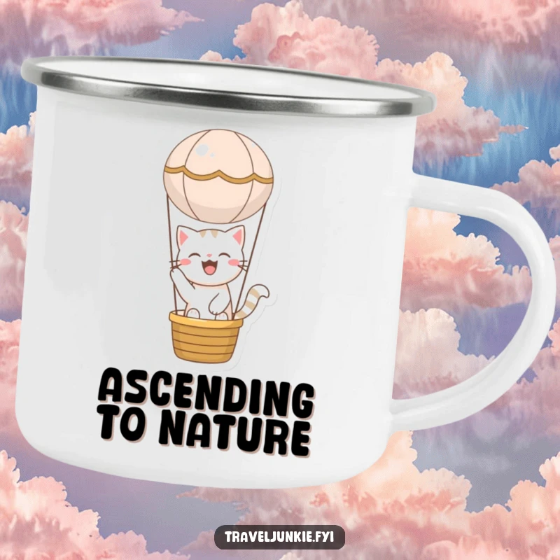Funny cat camping mug showing a joyful character riding in a miniature hot air balloon, perfect for humorous outdoor enjoyment.