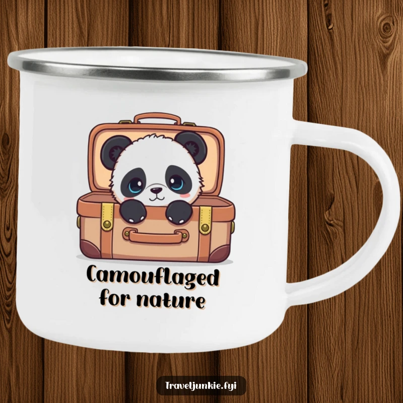 Funny panda camping mug, durable outdoor drinkware with a curious character peeking from a suitcase, a humorous gift.
