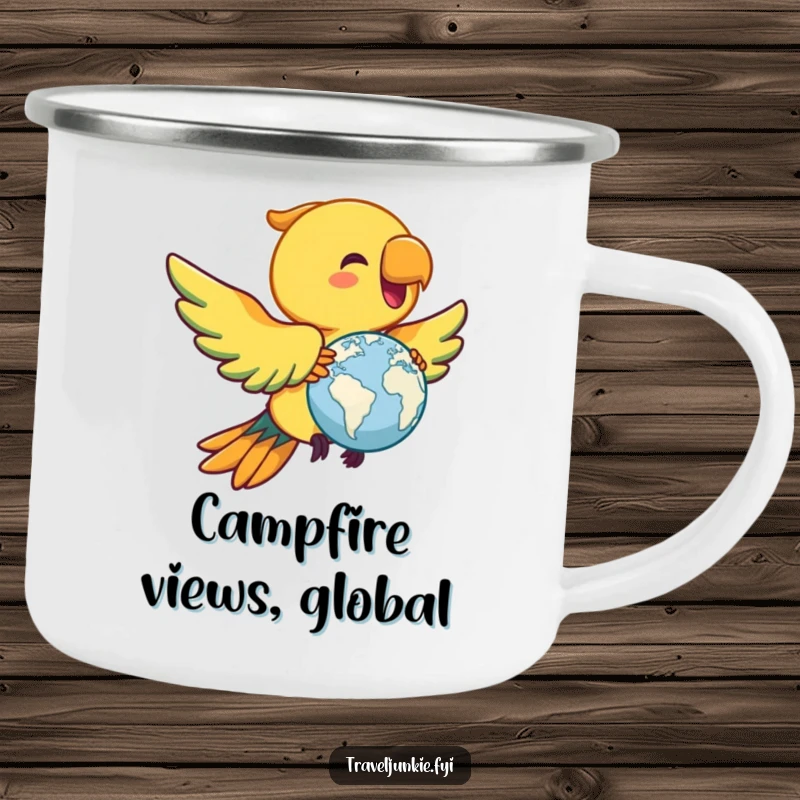 Funny parrot camping mug, durable outdoor drinkware with a joyful bird flying with a miniature globe, a humorous gift.