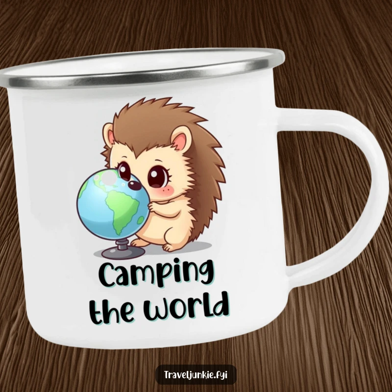 Funny hedgehog camping mug showing a curious character examining a globe, perfect for humorous outdoor exploration.