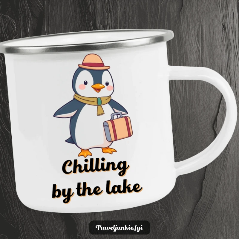 Funny penguin tourist camping mug, holding a tiny suitcase, durable enamel, perfect for travel adventures.