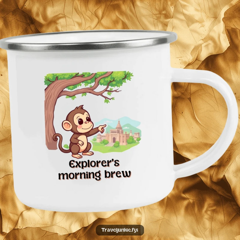 Funny Monkey Camping Mug: A curious monkey points to a faraway landmark, perfect for enjoying drinks during outdoor adventures.