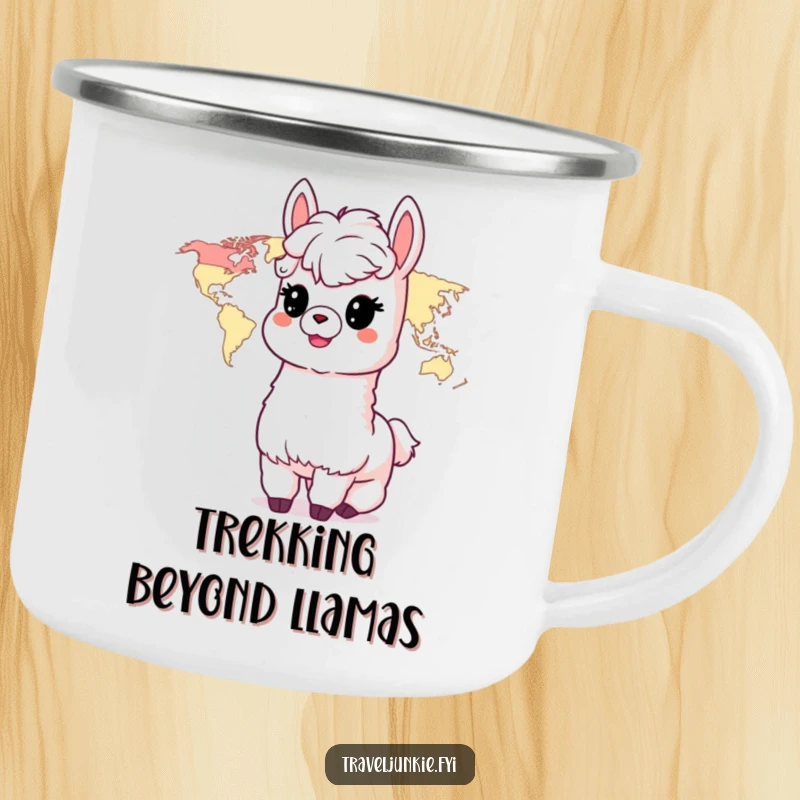Funny Alpaca Camping Mug: A delighted alpaca character looks at a world map, ready for outdoor exploration.