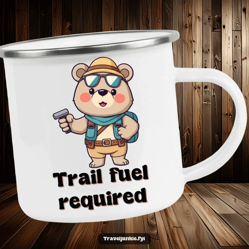 Funny Camping Mug: A brave bear tourist striking a confident pose, perfect for outdoor adventures and humor.