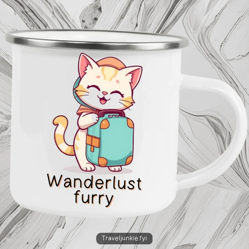 Funny camping mug with a playful cat character eagerly packing a travel bag, ready for outdoors.