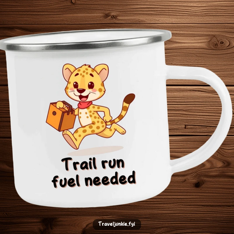 Funny cheetah camping mug, durable outdoor drinkware with a happy character sprinting with a travel bag, a humorous gift.