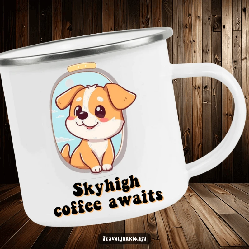Funny Dog Camping Mug: Durable mug with a dog at an airplane window, ideal for outdoor adventures, funny gift.