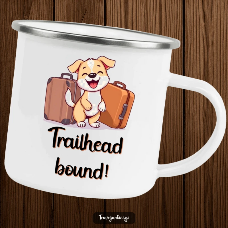 Funny Dog Camping Mug: Happy dog with suitcase, ready for outdoor adventures, adding a humorous touch to camping trips.