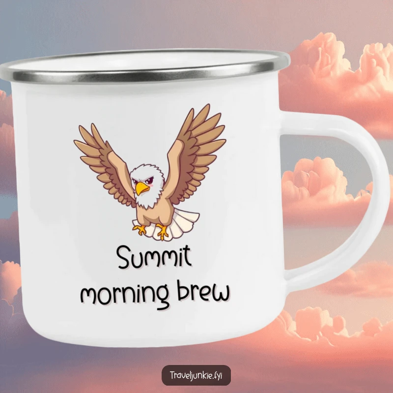 Funny Camping Mug: A soaring eagle traveler looks down from above, ideal for funny outdoor adventures.