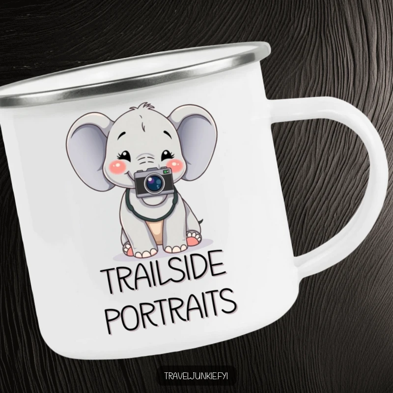 Funny elephant with a camera, posing for a photo, durable camping mug, perfect humorous gift for photographers.