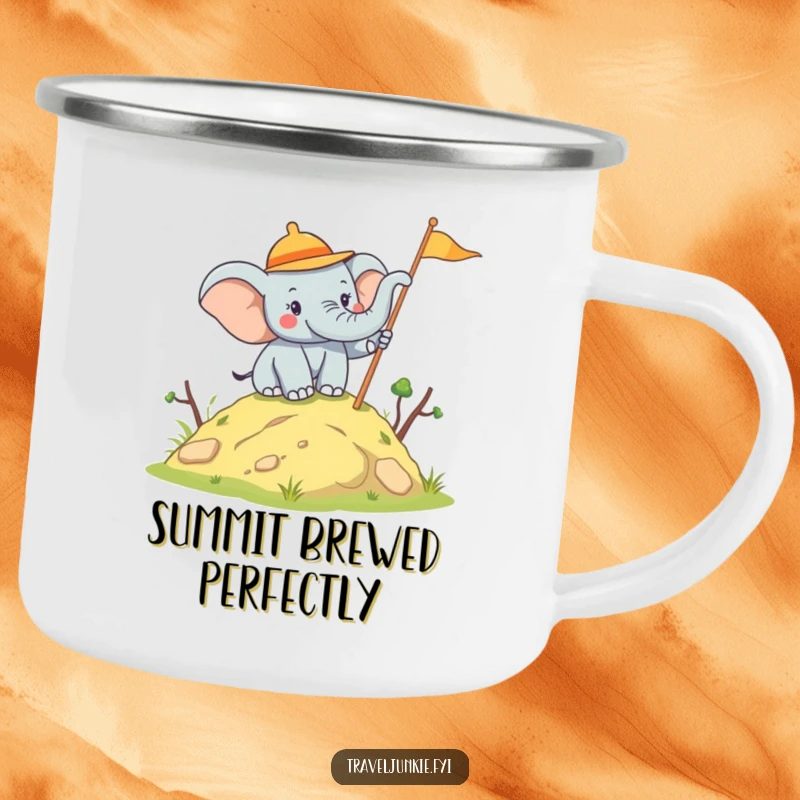Funny Elephant Explorer Camping Mug: A durable mug with a joyful elephant planting a flag, ideal for outdoor celebrations, a funny gift.