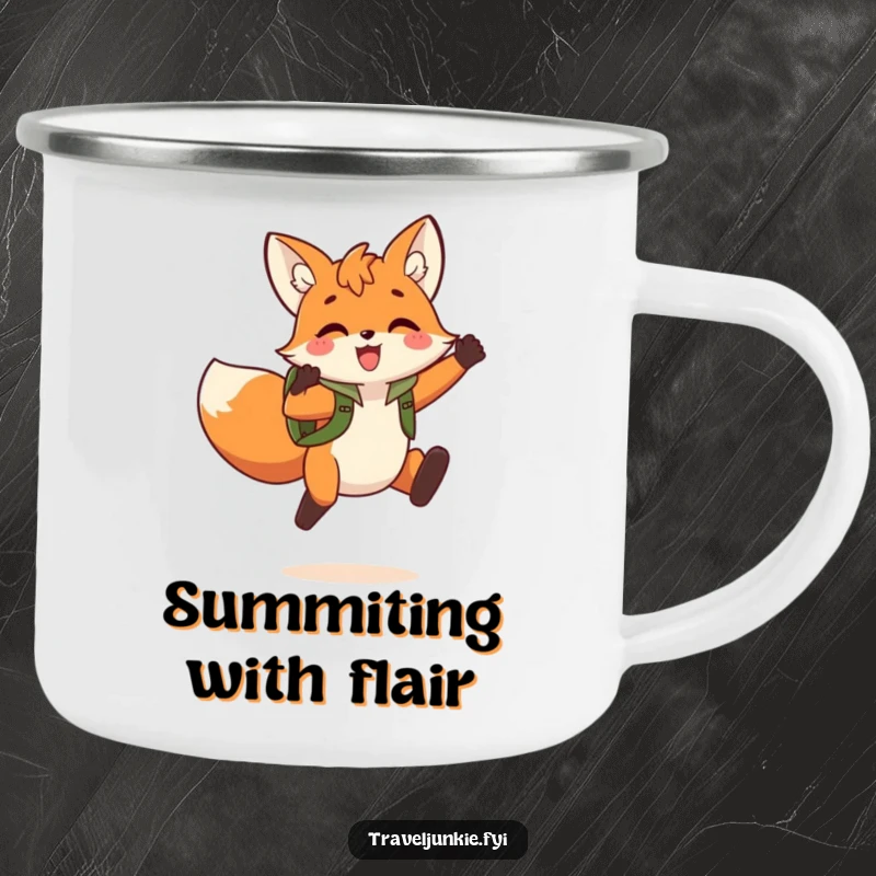 Funny Fox Jump Camping Mug: A durable mug featuring a playful fox with a backpack leaping triumphantly, perfect for adventurers.